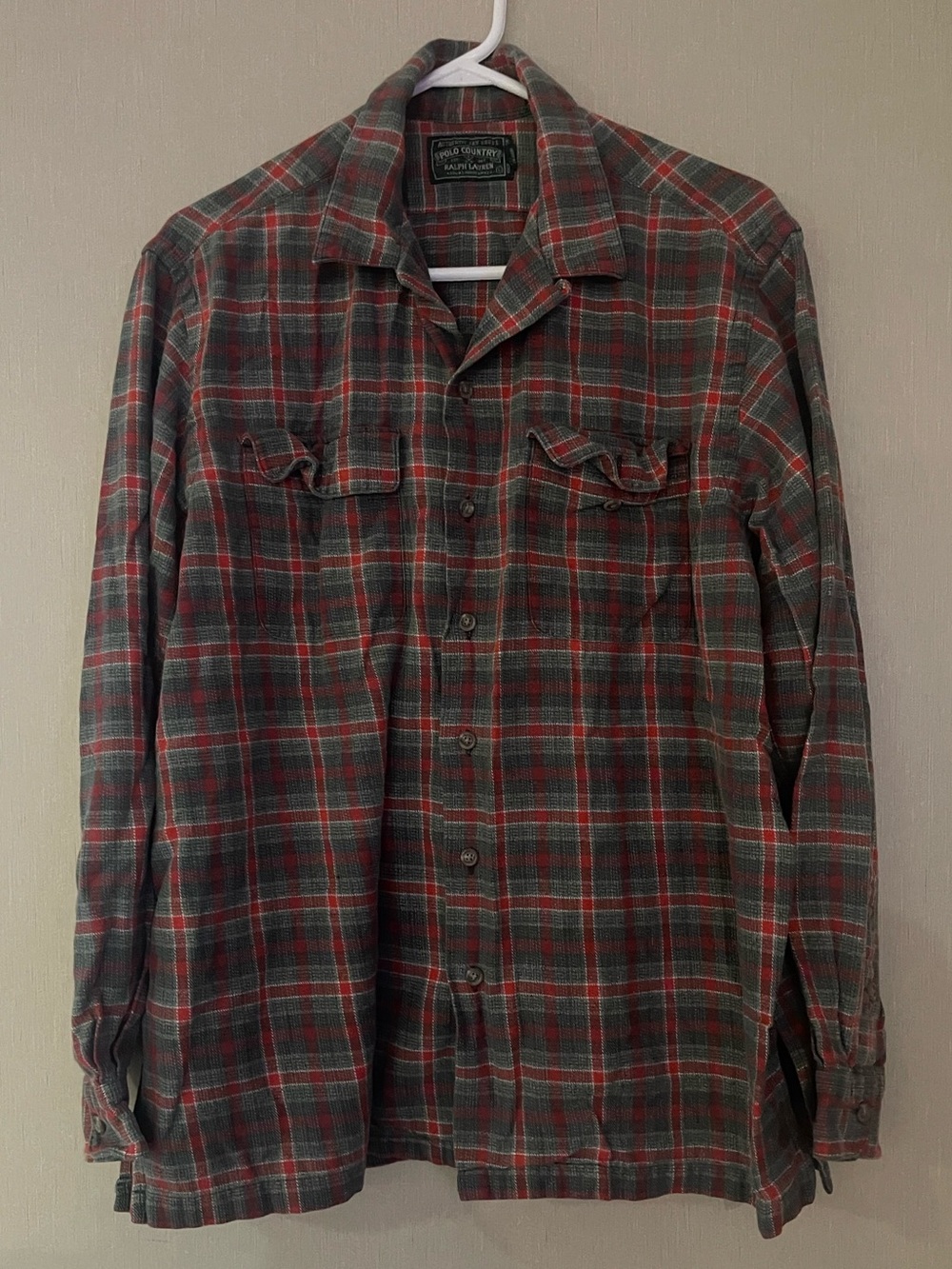 Polo country Ralph Lauren large Gray Red Plaid Button-Down flannel Shirt cotton